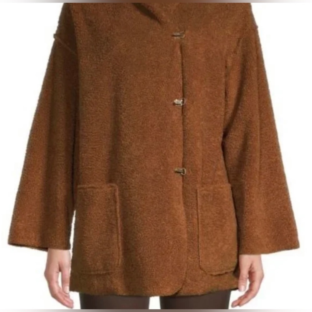 Max Studio Brown Teddy Bear Oversized Sherpa Jacket With Hood, Size Large